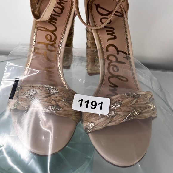 Sam Edelman Yoana Heel Sandals Nude Woven Trim ankle strap Leather - Picture 8 of 8